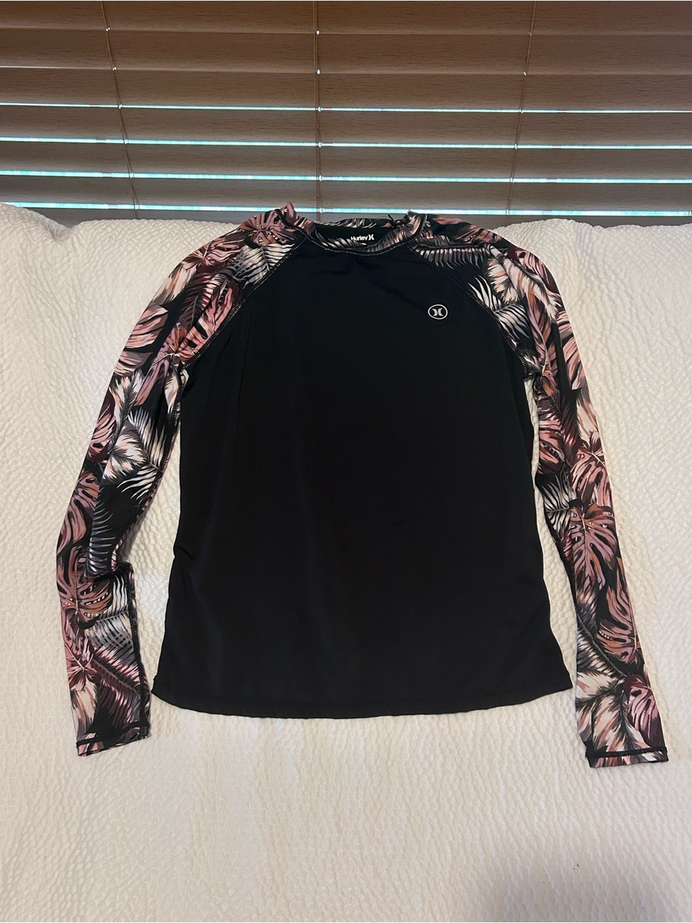 Hurley Black Long-Sleeve Rash Guard with Pink Tropical Print Sleeves